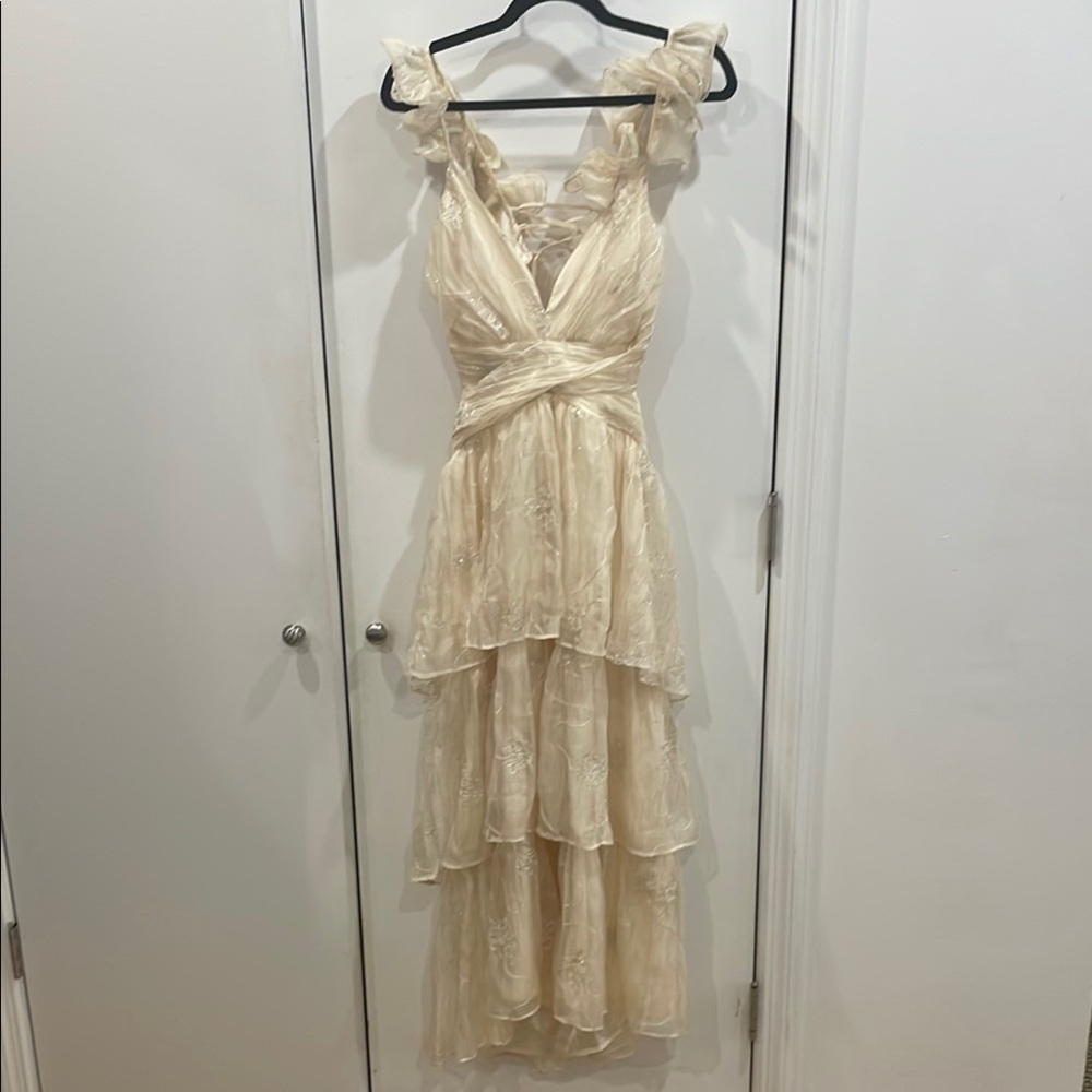 Lulu's Cream Layered Midi Dress with silver floral design ruffle sleeves bridal